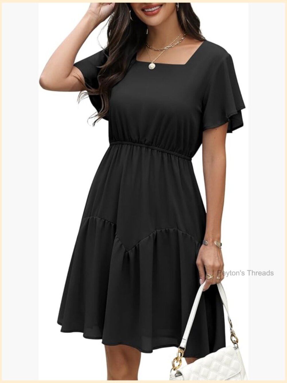 Chiffon A-Line Square Neck Midi Dress Knee Length Short Sleeve